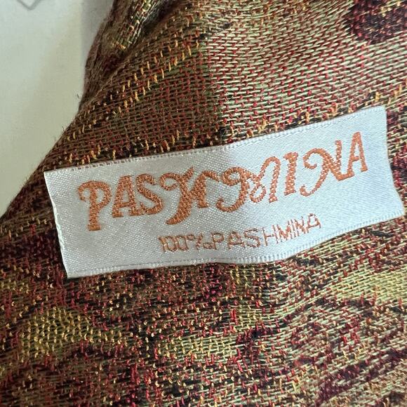 PASHMINA VINTAGE Scarf Shawl Wrap Gold Brown Orange One Size 27.5" x 68" Fringe - Picture 3 of 3